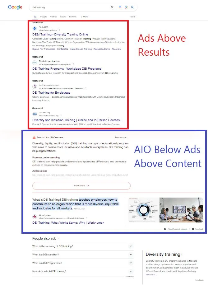 Google showing ads above and below ai overviews